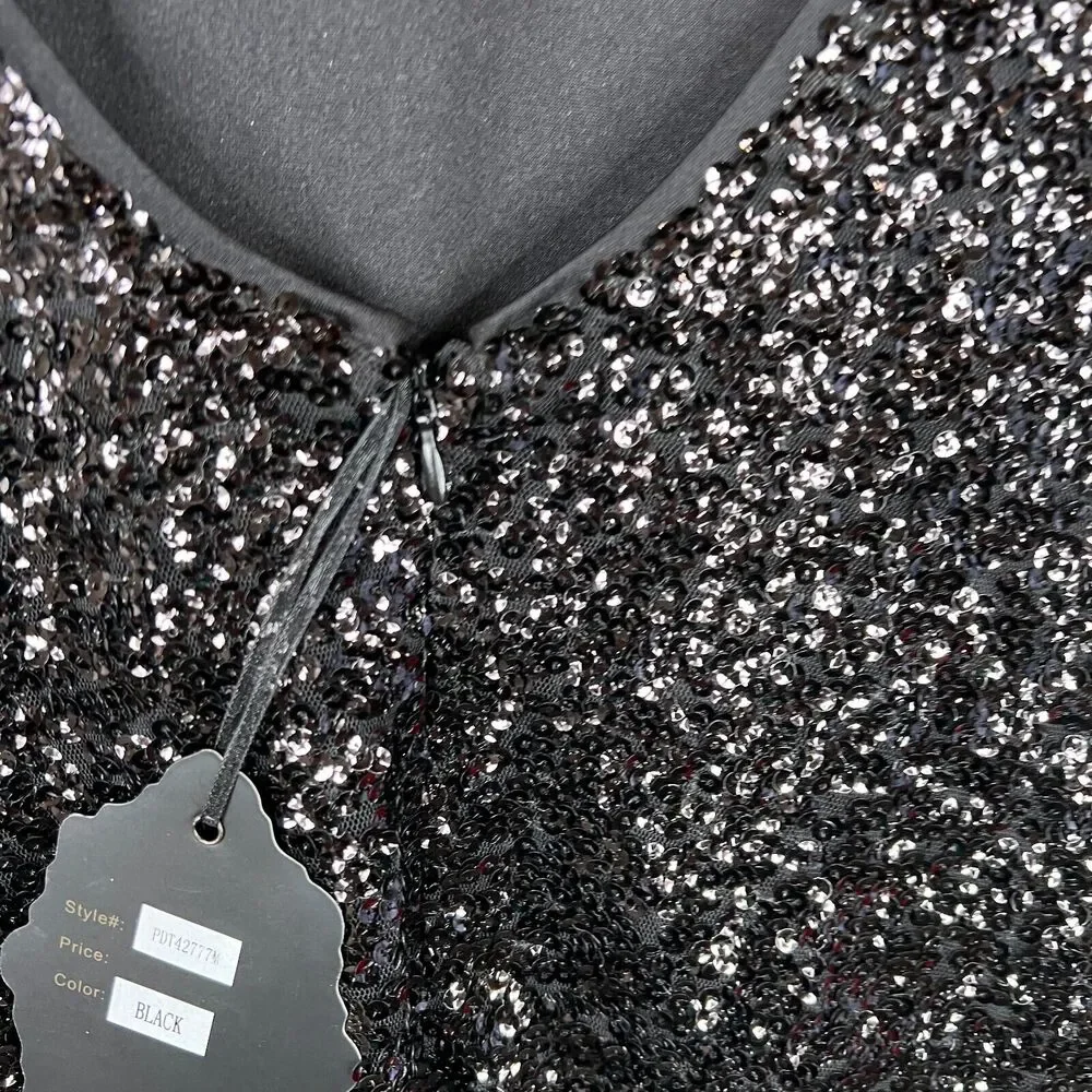 BLACK Mini Dress Small Black Sequined Short Sleeve Open Back Cocktail - Picture 6 of 12